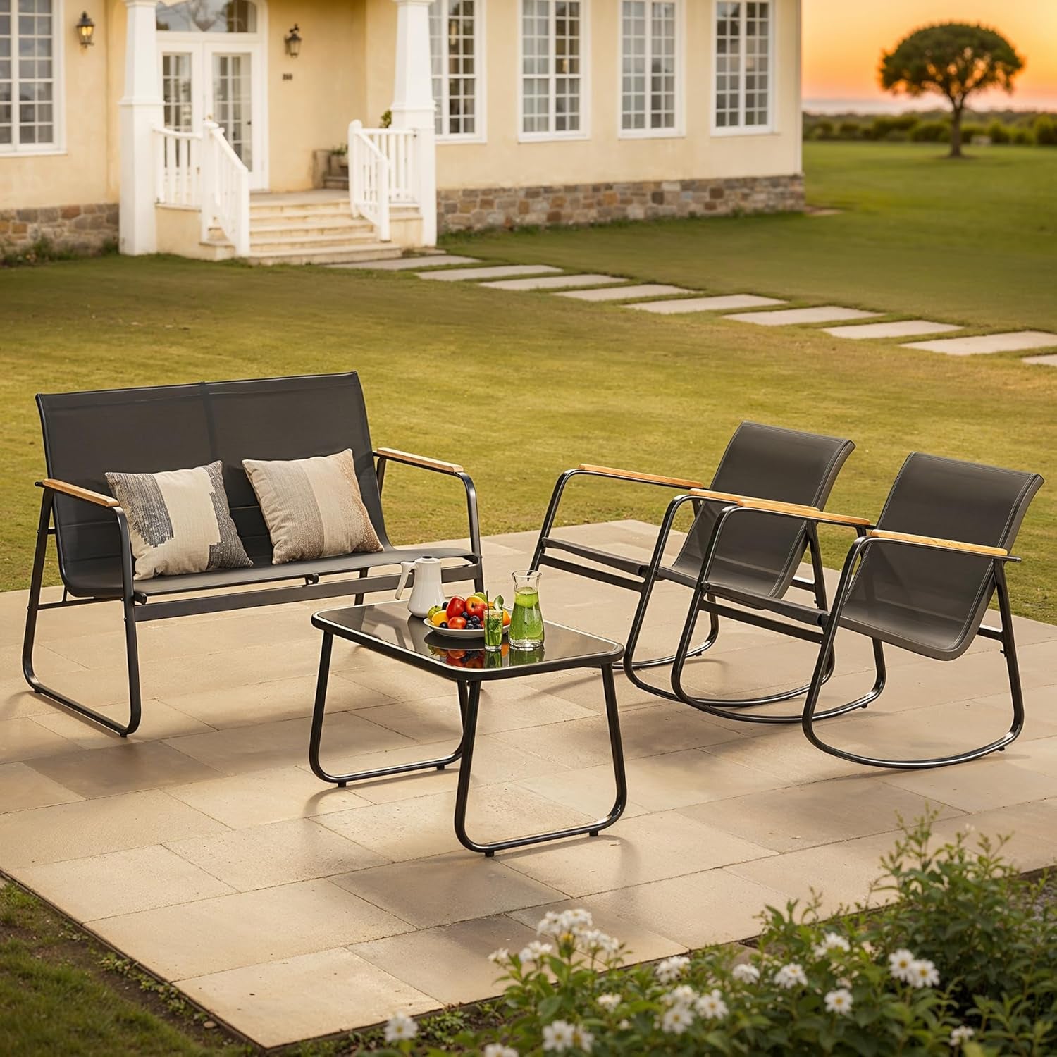 4-Piece Patio Furniture Set, Textilene Outdoor Conversation Set with 2 Rocking Chairs and Tempered Glass Coffee Table, for Lawn, Garden, Balcony, Poolside (Black)