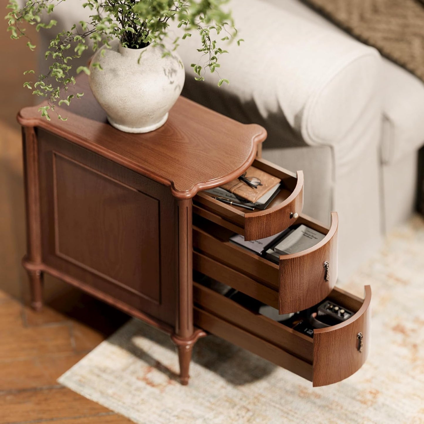 Nightstand W/Charging Station & 3 Drawers, Pre-Assembled, Vintage Side Table W/Antique-Finished Pulls, Rustic Wood Finish, Narrow End Table W/Turned Legs for Bedroom (1, Brown)