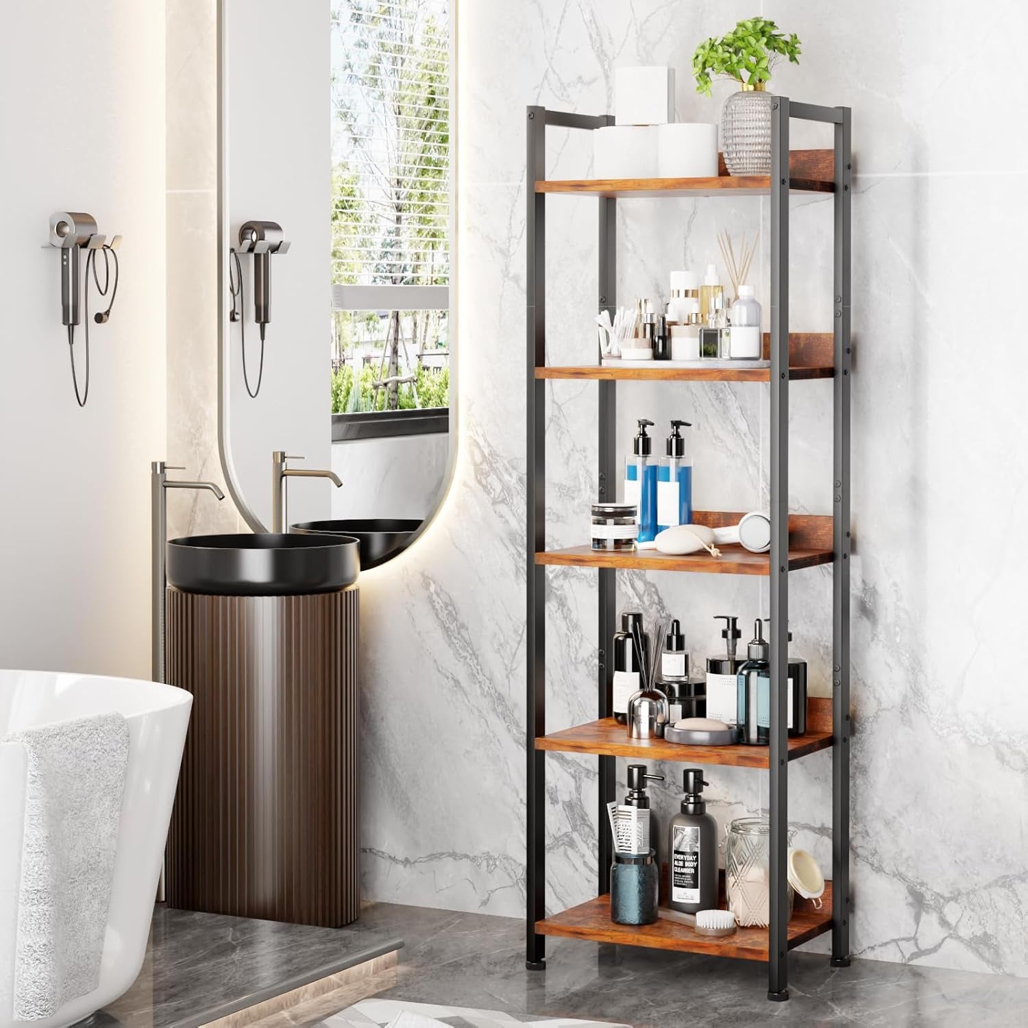 5 Tier Bookshelf with Drawer, Tall Narrow Bookcase with Shelves, Wood and Metal Bookshelves Storage Organizer, Industrial Display Standing Shelf Unit for Bedroom, Living Room, Rustic Brown