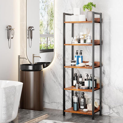 5 Tier Bookshelf with Drawer, Tall Narrow Bookcase with Shelves, Wood and Metal Bookshelves Storage Organizer, Industrial Display Standing Shelf Unit for Bedroom, Living Room, Rustic Brown