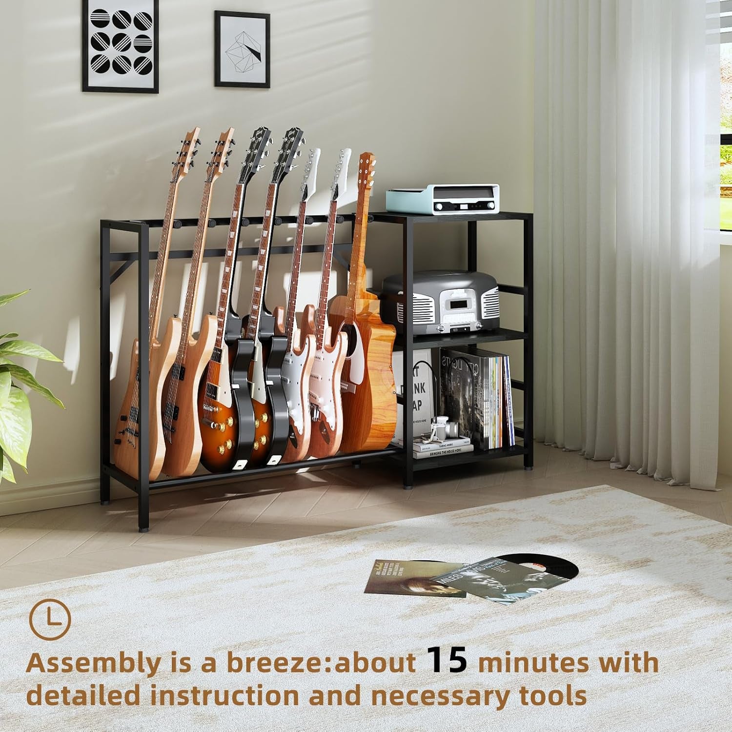 Record Player Stand with Guitar Stand, Record Player Table with Guitar Rack, Guitar Holder 7 Space for Multiple Guitars, Bass, Acoustic, Guitar Display for Home Music Studio, Black