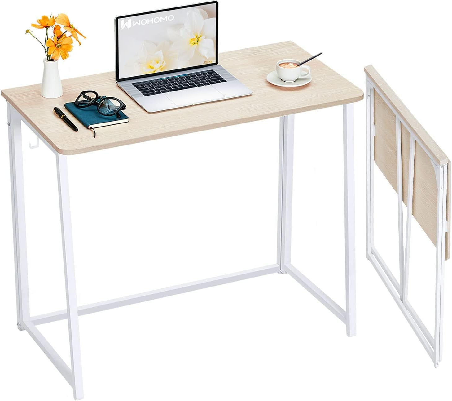 Folding Desk, Small Foldable Desk 31.5" for Small Spaces, Space Saving Computer Table Writing Workstation for Home Office, Easy Assembly, Oak