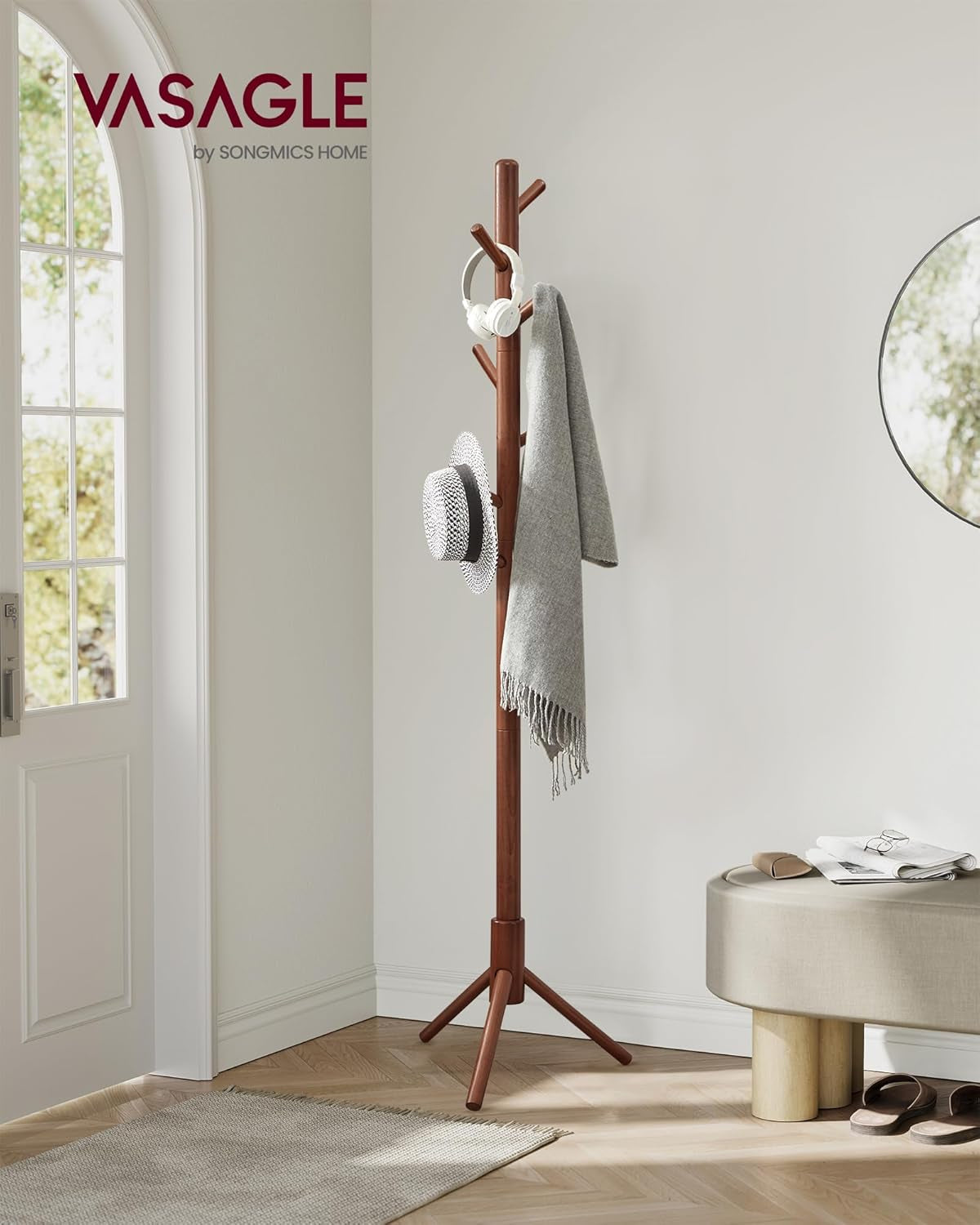 Solid Wood Coat Rack, Free Standing Tree-Shaped Coat Rack with 8 Hooks, 3 Height Options, for Clothes, Hats, Bags, Living Room, Bedroom, Home Office, Caramel Brown URCR04WN