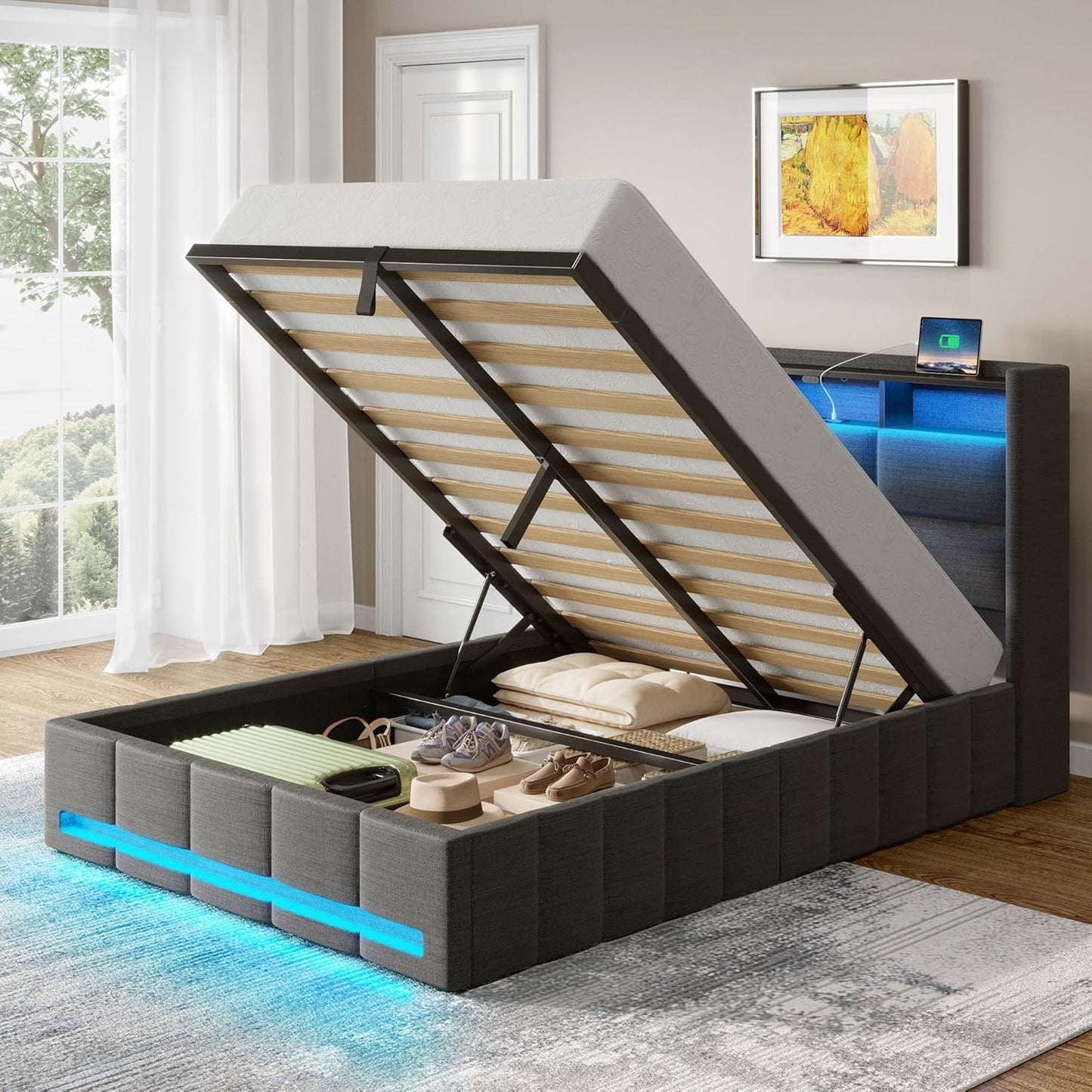 Bed Frame Twin Size with Lift up Storage, Charging Station & LED Lights, Upholstered Storage Headboard, Heavy Duty Wooden Slats, No Box Spring Needed, Noise Free, Easy Assembly, Dark Grey