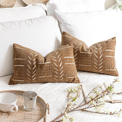 Fall Brown Decorative Lumbar Throw Pillow Covers 12X20, Set of 2, Boho Farmhouse Cushion Cover, Soft Accent Pillowcase for Couch Sofa Bed Living Room Home Décor