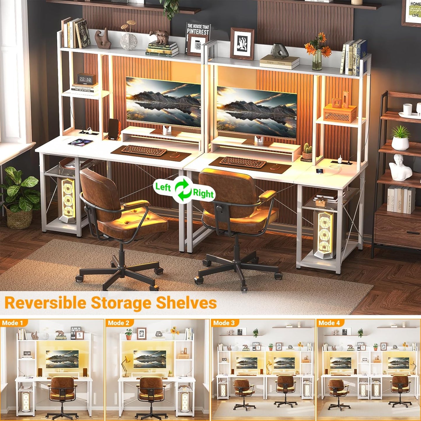 Gaming Desk with Hutch, 39'' Computer Desk with LED Lights & Power Outlets, Home Office Desk with Reversible 5 Tiers Storage Shelves & Monitor Stand, Small Gaming Table for Small Space, White