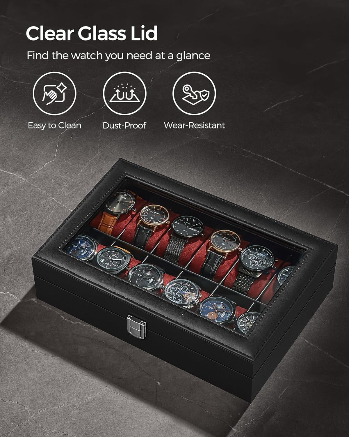 Watch Box, 12-Slot Watch Case with Large Glass Lid, Removable Watch Pillows, Watch Box Organizer, Gift for Loved Ones, Black Synthetic Leather, Wine Red Lining UJWB120R01