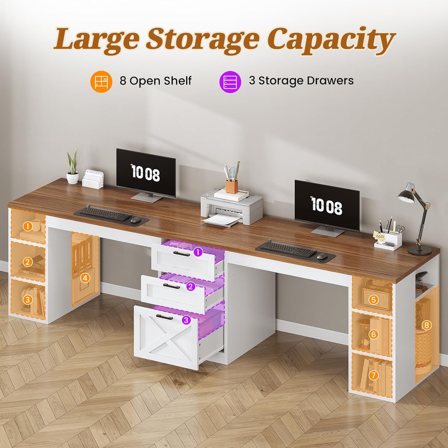 Farmhouse 96.5" Computer Desk with Drawers, 2 Person Home Office Desk, Gaming Double Desk with Storage Shelves, Long Two Person Writing Desk (White and Brown)