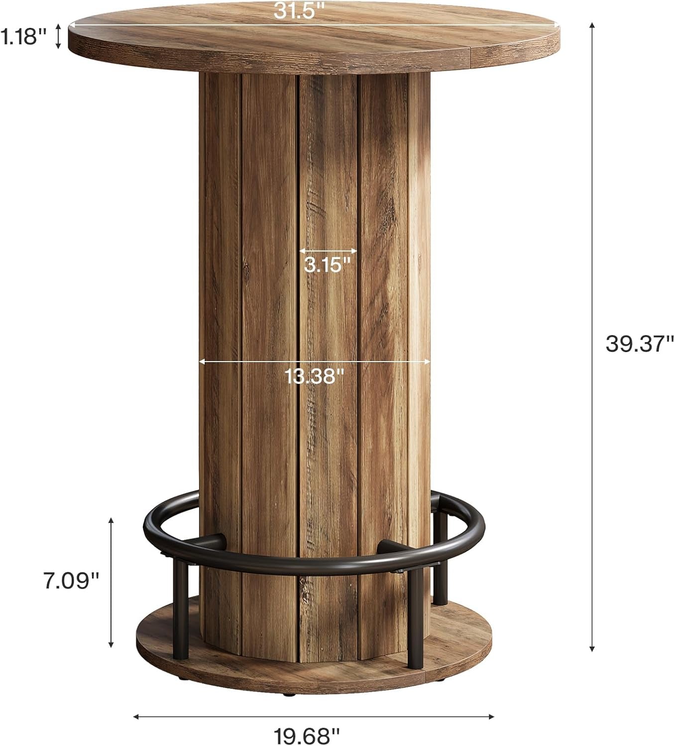 round Bar Table, 39.4" H Wood Bistro Pub Table with Metal Ring Footrest for Dining Coffee Cocktail Living Room, Small Space, Brown(Only Table)