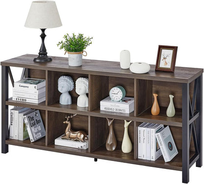 8 Cube Storage Organizer, 62 Inch Heavy Duty Horizontal Bookshelf, Industrial Long Bookcase and TV Stand for 65 Inch TV, Rustic Wood Accent Shelf for Living Room (Walnut Brown)