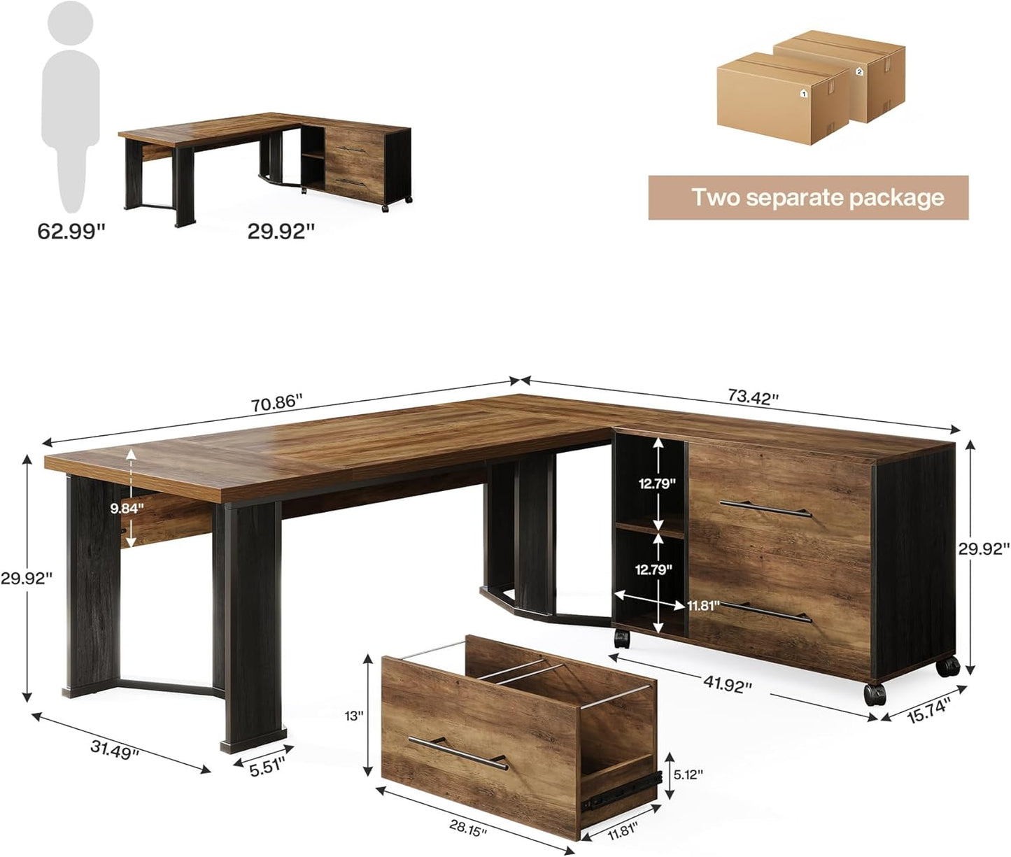 70.86" Executive Desk with Mobile File Cabinet, Large L Shaped Computer Office Desk with 2 Drawers and Storage Shelves, Business Furniture Desk Workstation for Home Office (Rustic Brown)