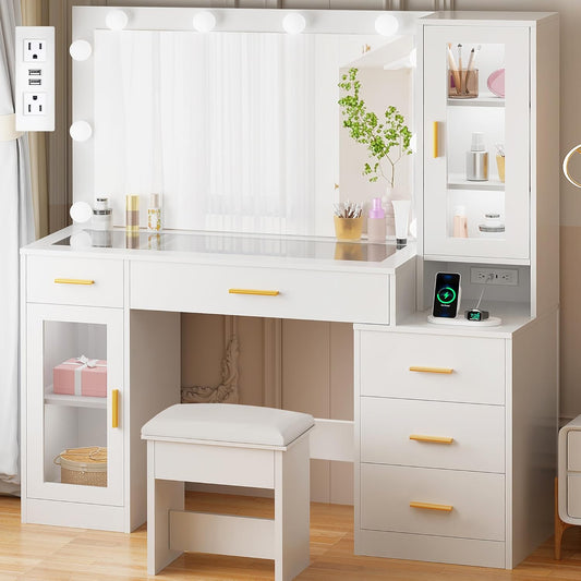 49.2" Large Vanity Desk with Mirror and Lights,White Makeup Vanity Table with Glass Top,Stool,Makeup Desk with Power Outlet,5 Drawers,Nightstand,Dressing Table for Bedroom Women FST34W