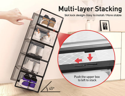 X-Large Shoe Storage Boxes Organizers Clear Plastic Stackable 12 Pack, Shoe Rack & Holder Substitute, Sneaker Containers, Toy Storage Organizer Bins for Entryway, Closet, under Bed, Black