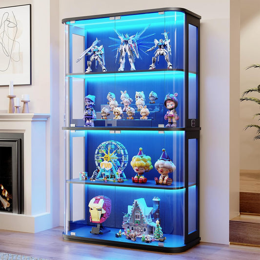 Large Rounded Display Cabinet with Glass Door, 4-Tier Curio Cabinet with 3 Color Lights for Collectibles, Glass Display Case with Transparent Full-Display Surface, Human Body Sensor, Black