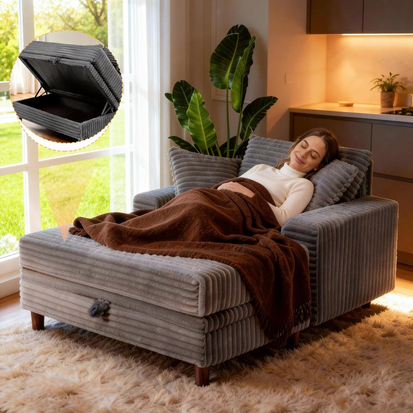 54" Oversized Chaise Lounge Chair Indoor, Comfy Sofa Bed with Removable Storage Ottoman and Pillows, Upholstered Reading Chairs Corduroy Cloud Couches, for Living Room, Gray