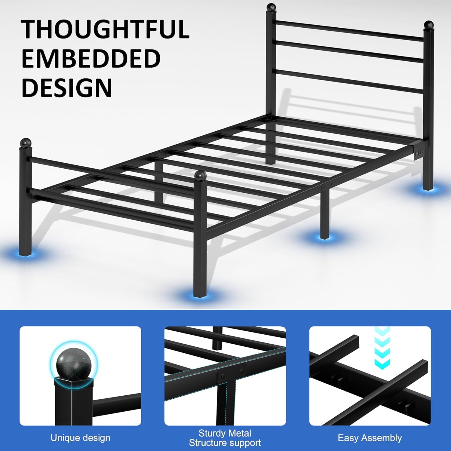 Metal Platform Twin Bed Frame with LED Lights, Charging Station, Headboard, Heavy Duty Slats, No Box Spring Required, Black