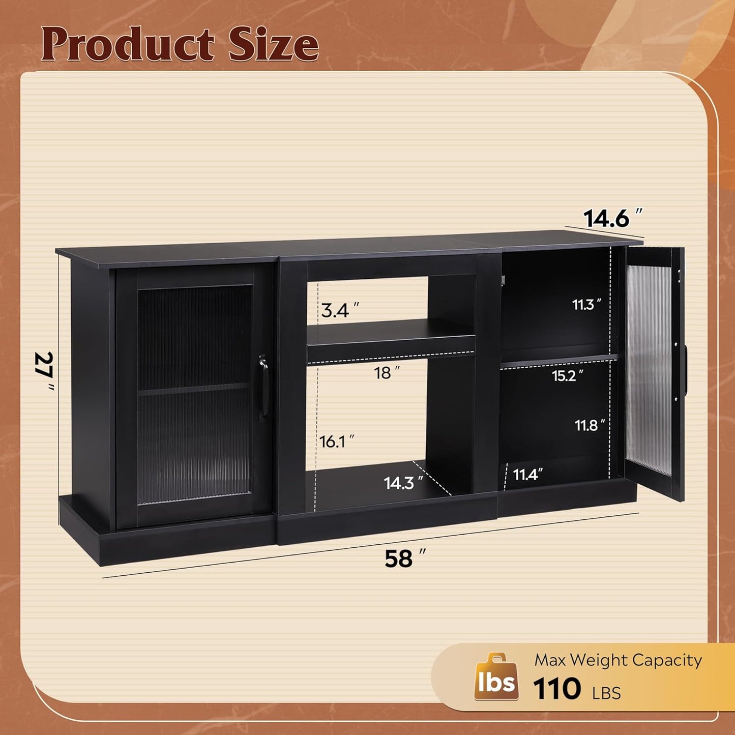 Farmhouse TV Stand for 65 Inch TV, 58" Entertainment Center with Storage Cabinets, Open Shelves TV Console for Living Room and Bedroom, Black