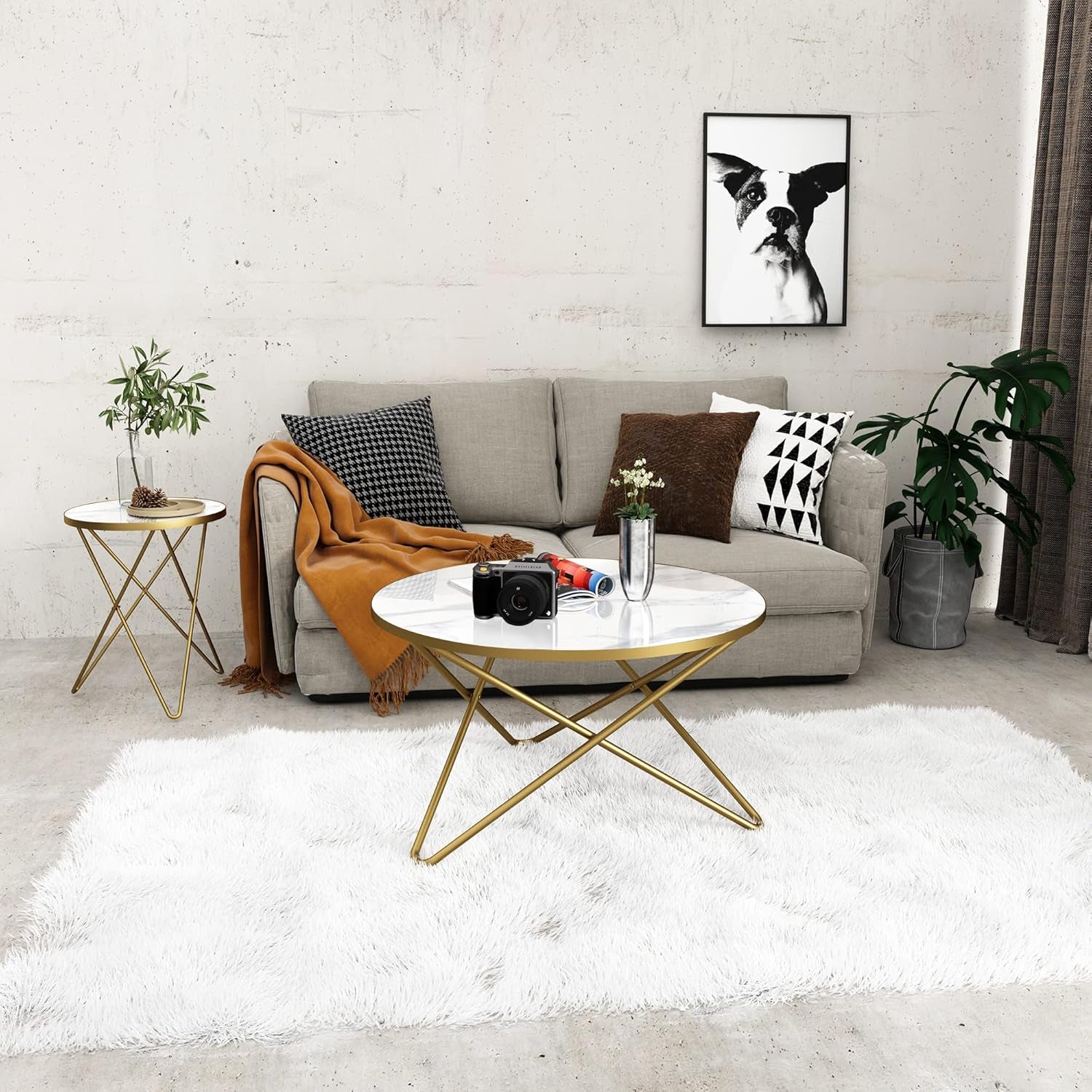 round Coffee Table with White Faux Marble Top