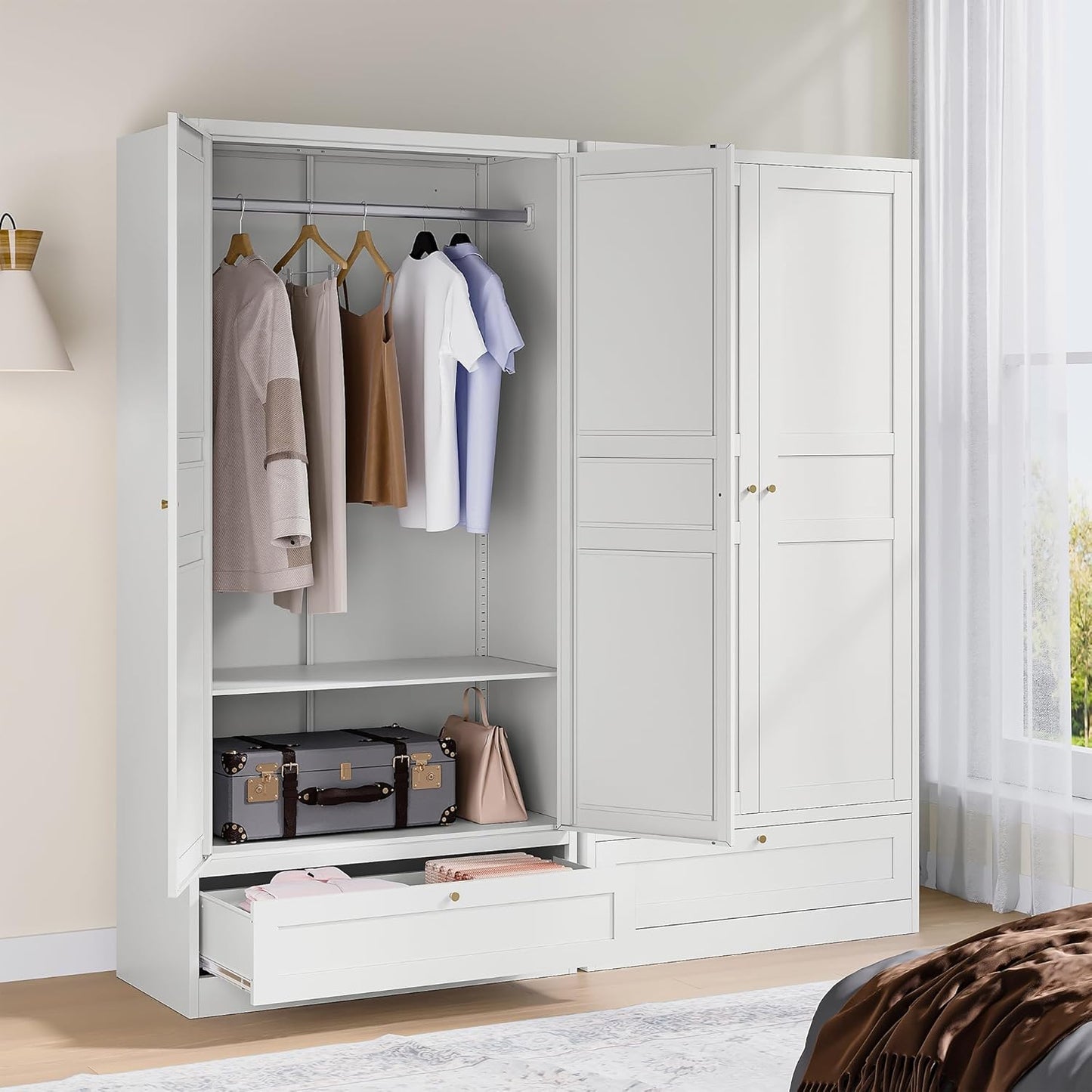 Metal Armoire Wardrobe Closet with 2 Doors 72'' Wardrobe Cabinet with Drawers and Hanging Rail Metal Closet with Adjustable Shelves for Bedroom. (White, with 1Drawer)