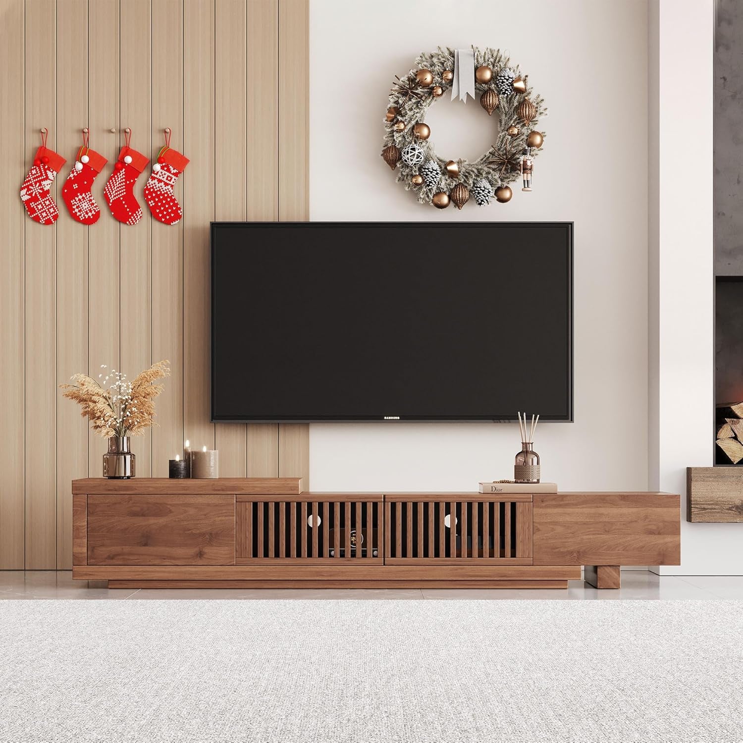 Mid Century Modern TV Stand for 75+ Inch Tvs, Extendable Media Console (78"-103") with Ample Storage - Sleek Walnut Entertainment Center for Living Room