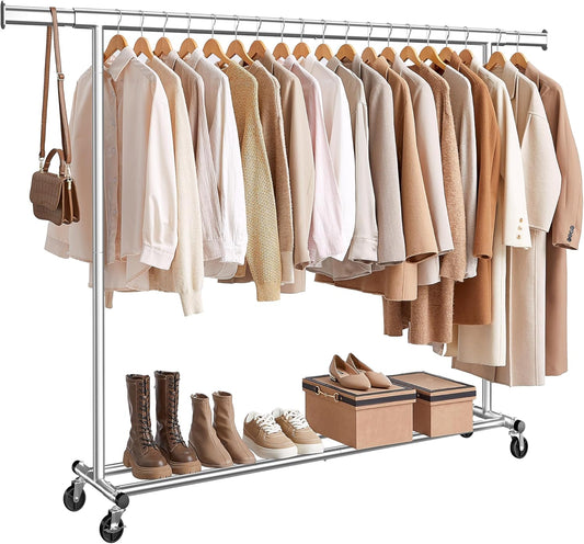 Clothes Rack with Wheels, Heavy-Duty Clothing Rack for Hanging Clothes, Portable, 17.7 X (63-78.7) X 63.6 Inches, with Extendable Rail, 330 Lb Load Capacity, Silver UHSR175E01