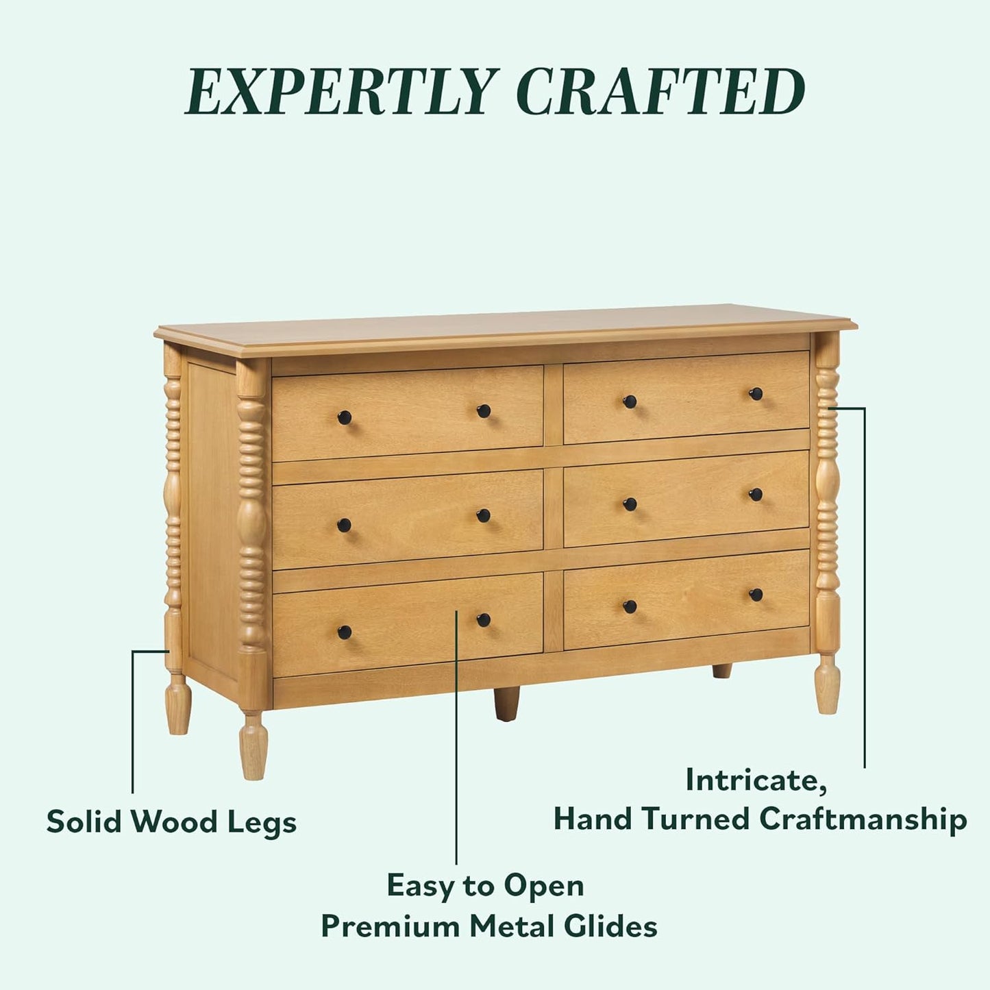 EZ Assembly™ Premium Traditional Solid Wood 6-Drawer Dresser, Vintage Chest of Drawers, Spindle Dresser, Quick Assembly Furniture, 54 Inch, Natural
