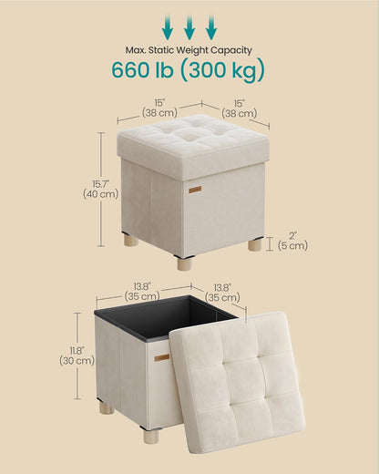 Small Storage Ottoman, Folding Ottoman Cube, 15 X 15 X 15.7 Inches, Footstool, Footrest, 10 Gal. (37 L), Velvet Surface, for Bedroom, Living Room, Dorm, Cappuccino Beige ULSF0516W02