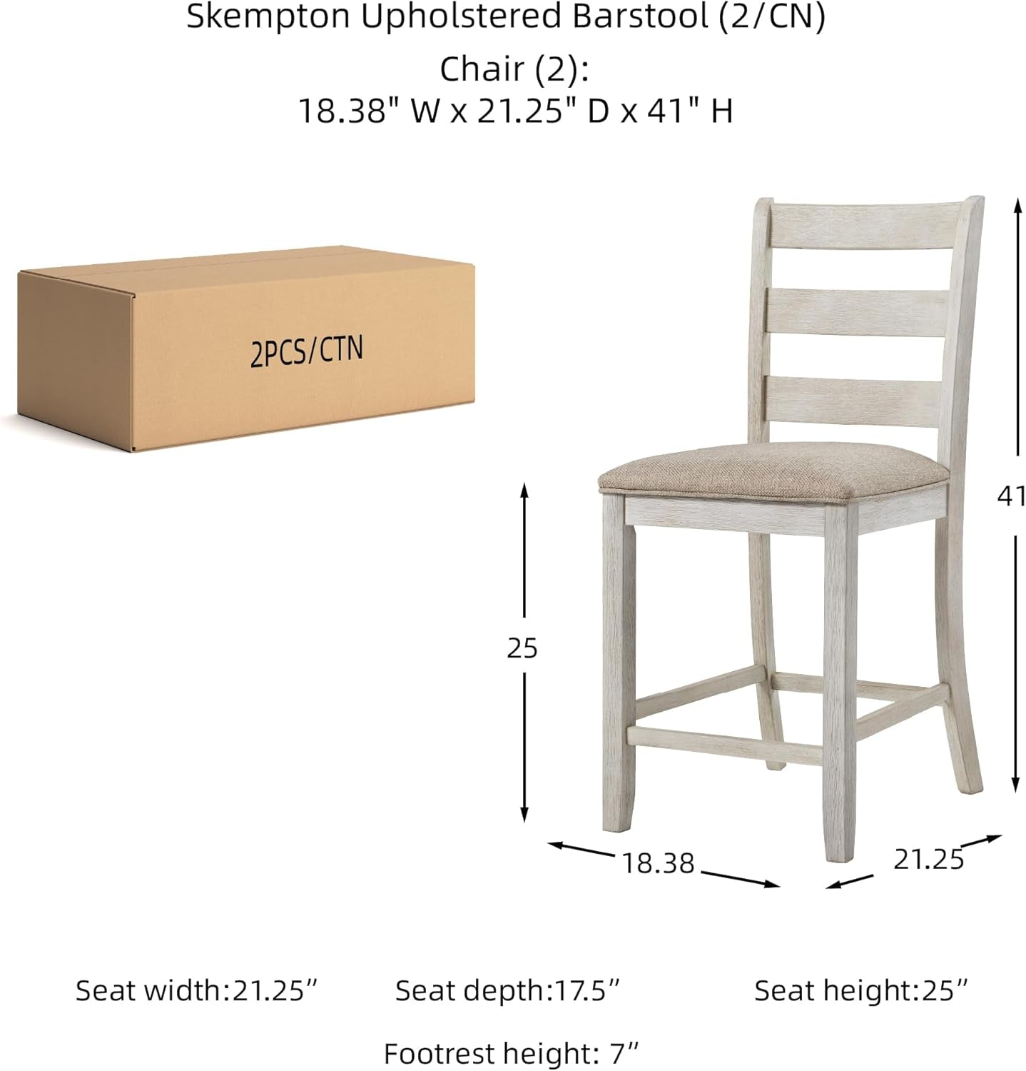 Skempton 24" Counter Height Upholstered Barstool, Set of 2, Antique White