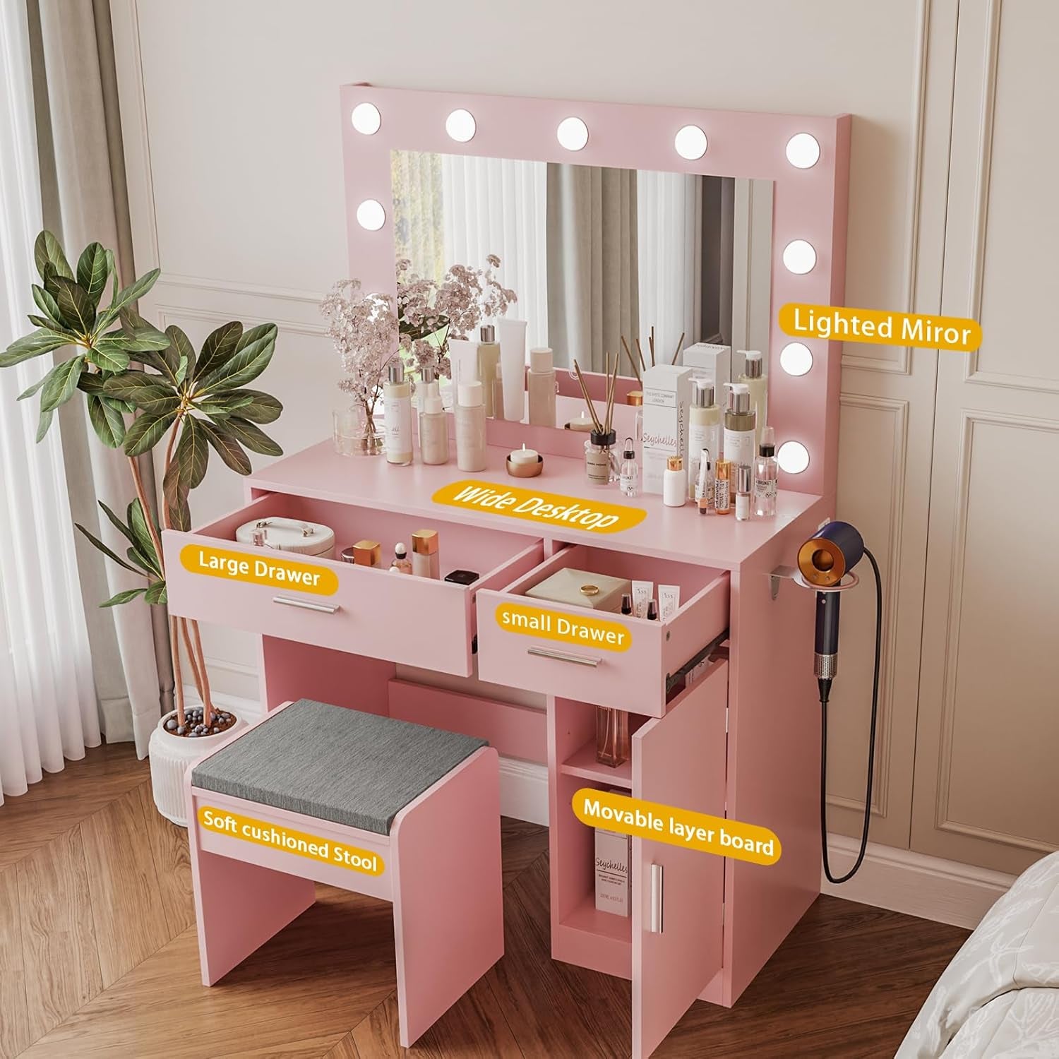 Vanity, Vanity Desk with Mirror, Large Drawer and Power Socket with 11 Light Bulbs and 3 Adjustable Lighting Modes, Vanity Table Ideal for Bedroom (Pink)