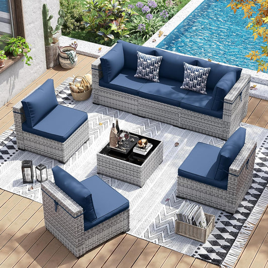Patio Furniture Set, 7 Pieces PE Wicker Sectional Sofa with Tea Table, Outdoor Conversation Set for Patio, Garden, Backyard (Blue Cushions with Grey Rattan)