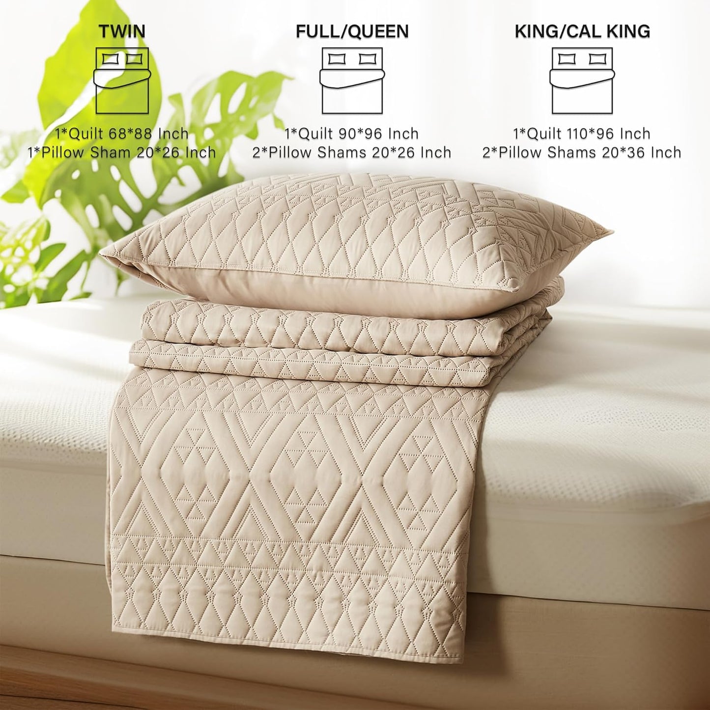 King/Cal King Size Quilt Bedding Set,Beige Lightweight Microfiber Soft Bedspread,Modern Style Geometric Pattern Coverlet Set for All Seasons,3 Piece(1 Quilt,2 Pillow Shams)