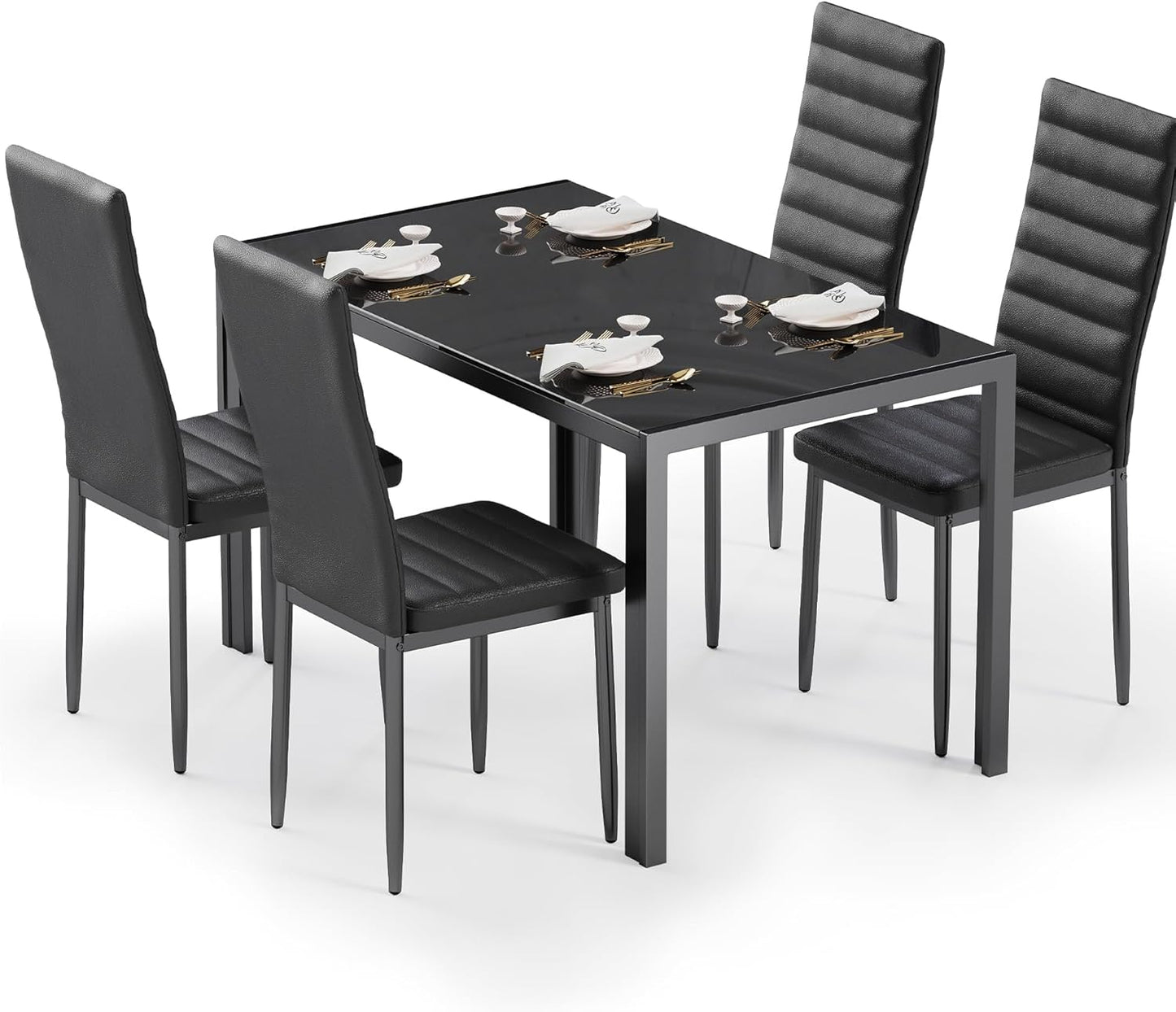 Kitchen Dining Table Set for 4, Tempered Glass 5 Piece Table and Chairs Set Modern for Home, Kitchen, Living Room, Dining Room (Black)