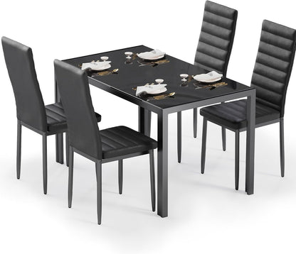 Kitchen Dining Table Set for 4, Tempered Glass 5 Piece Table and Chairs Set Modern for Home, Kitchen, Living Room, Dining Room (Black)