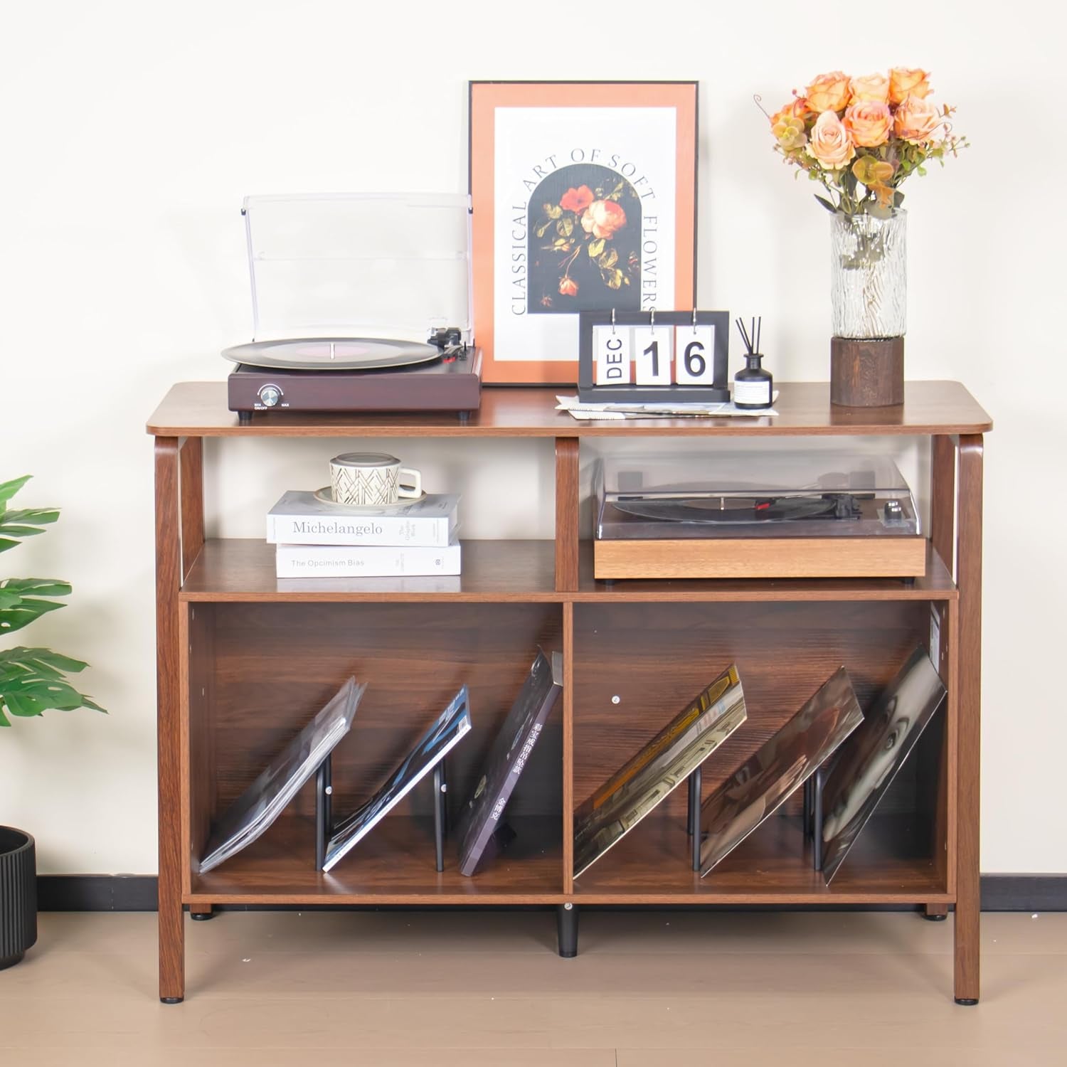 Large Record Player Stand,Mid Century Turntable Stand Table with Open Storage Holds up to 300 Albums,Vinyl Record Storage Display Shelf for Living Room Bedroom (Walnut)