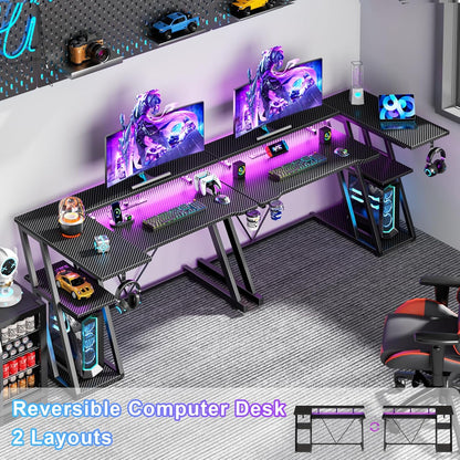 40 Inch Gaming Desk with Power Outlet & LED Lights, L Shaped Computer Gaming Table with 3 Tiers Storage Shelves, Corner Gamer Desk with Monitor Stand for Small Space, Carbon Fiber Black