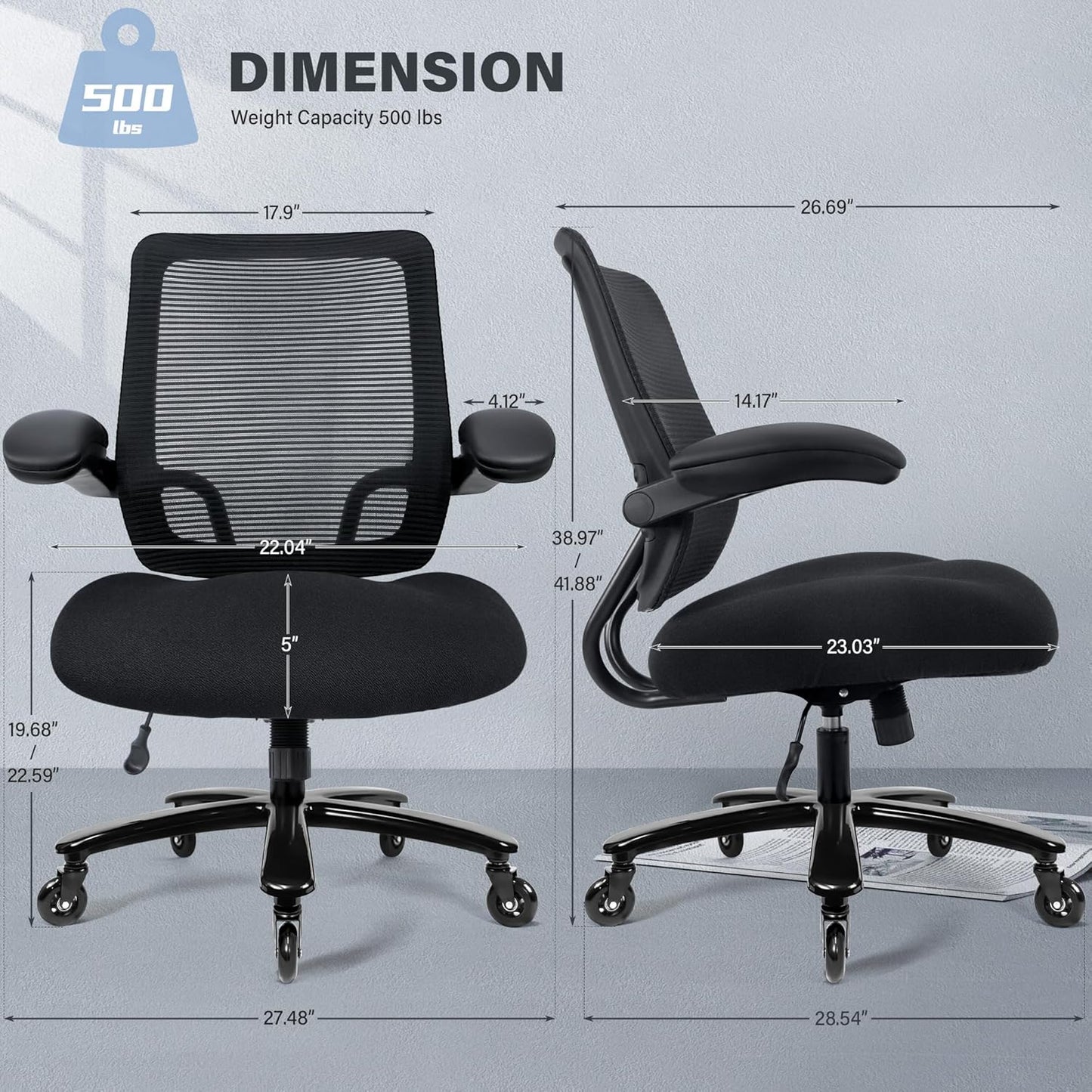 500Lbs Big and Tall Office Chair - Heavy Duty Mesh Ergonomic Desk Chair, High Back Computer Chair - Flip-Up Armrests, Wide Thick Seat Cushion, Quiet Wheels