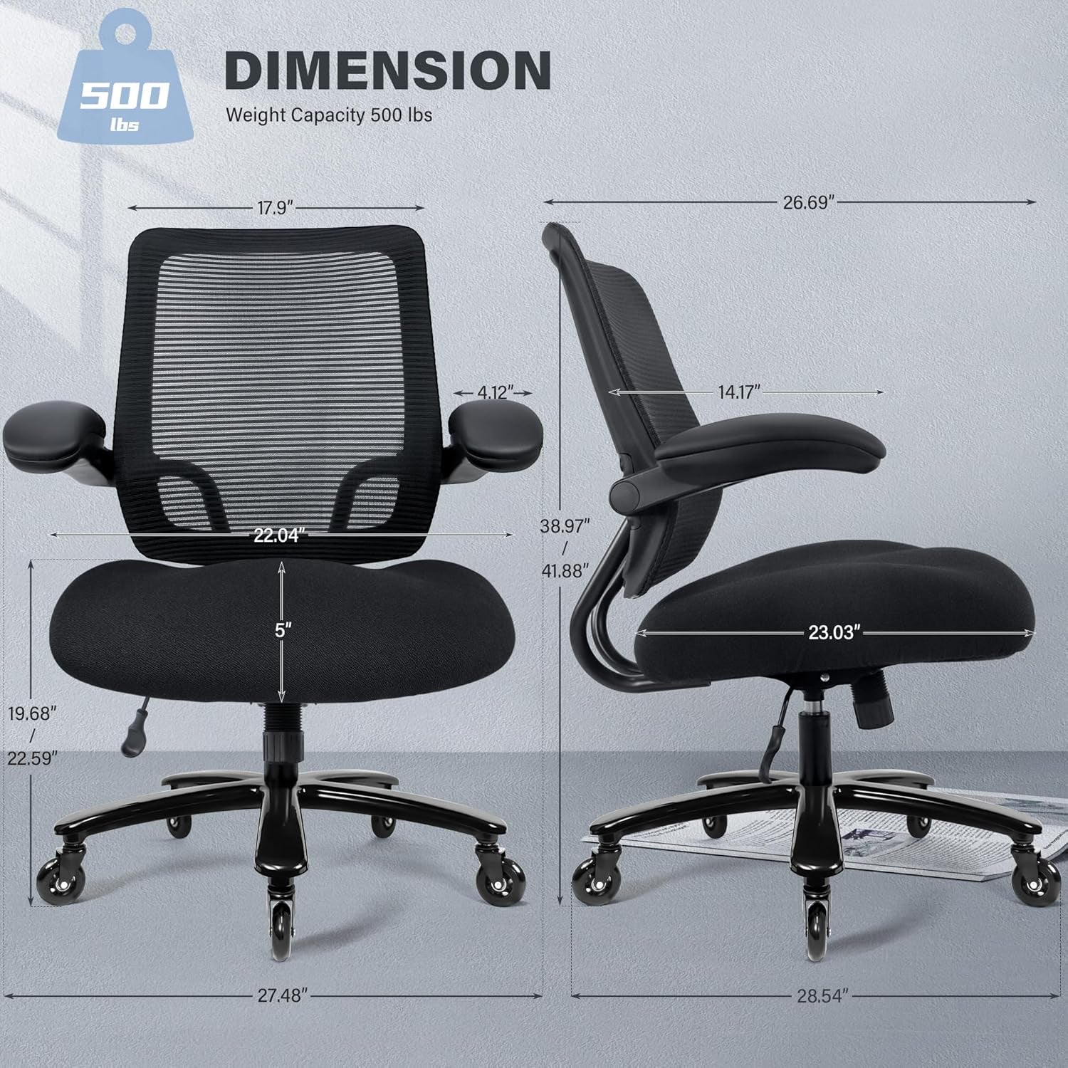 500Lbs Big and Tall Office Chair - Heavy Duty Mesh Ergonomic Desk Chair, High Back Computer Chair - Flip-Up Armrests, Wide Thick Seat Cushion, Quiet Wheels