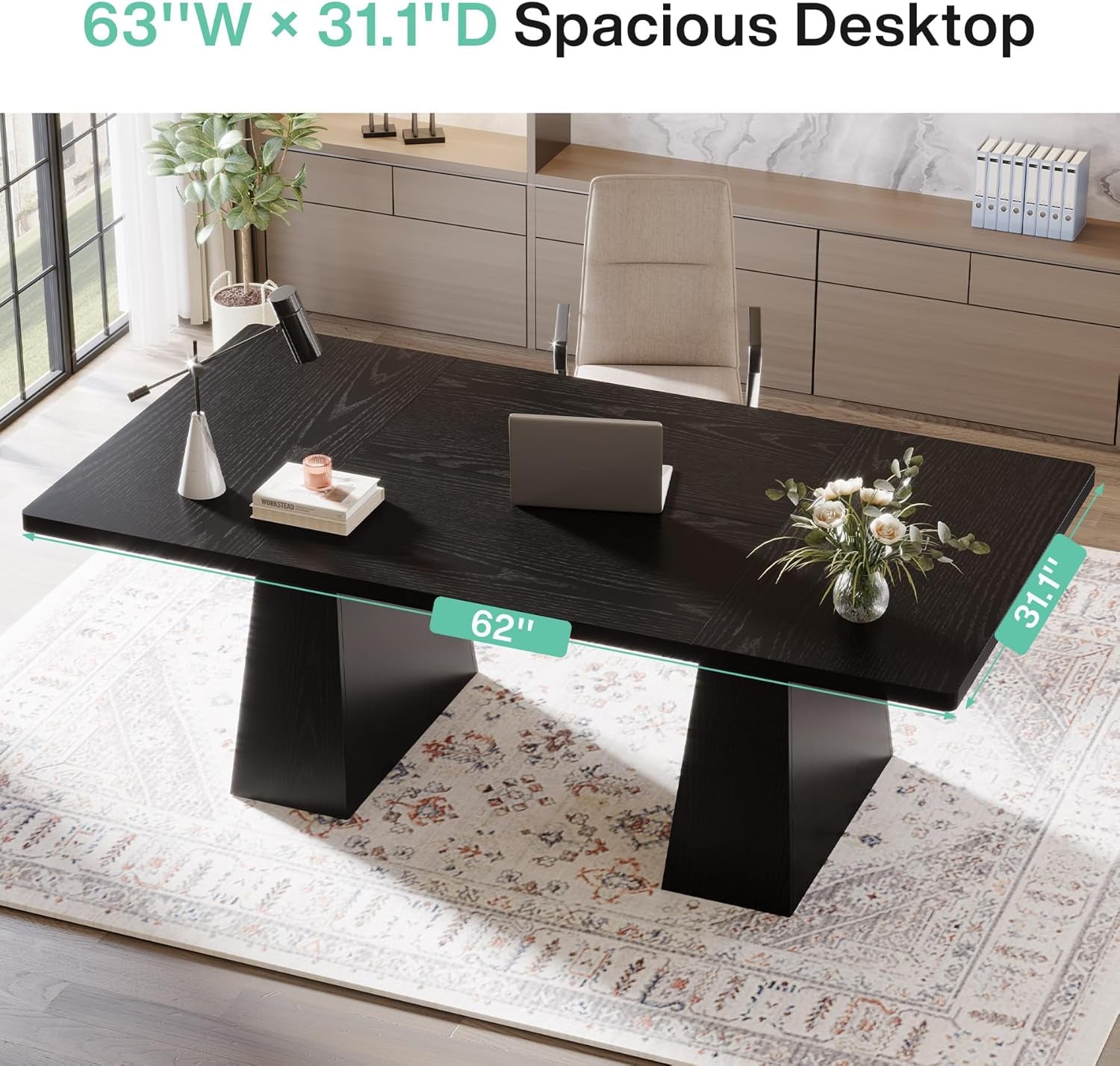63-Inch Executive Desk, Large Office Computer Desk with Double Pedestal, Modern Simple Workstations Writing Table Conference Table Business Furniture for Home Office, Black