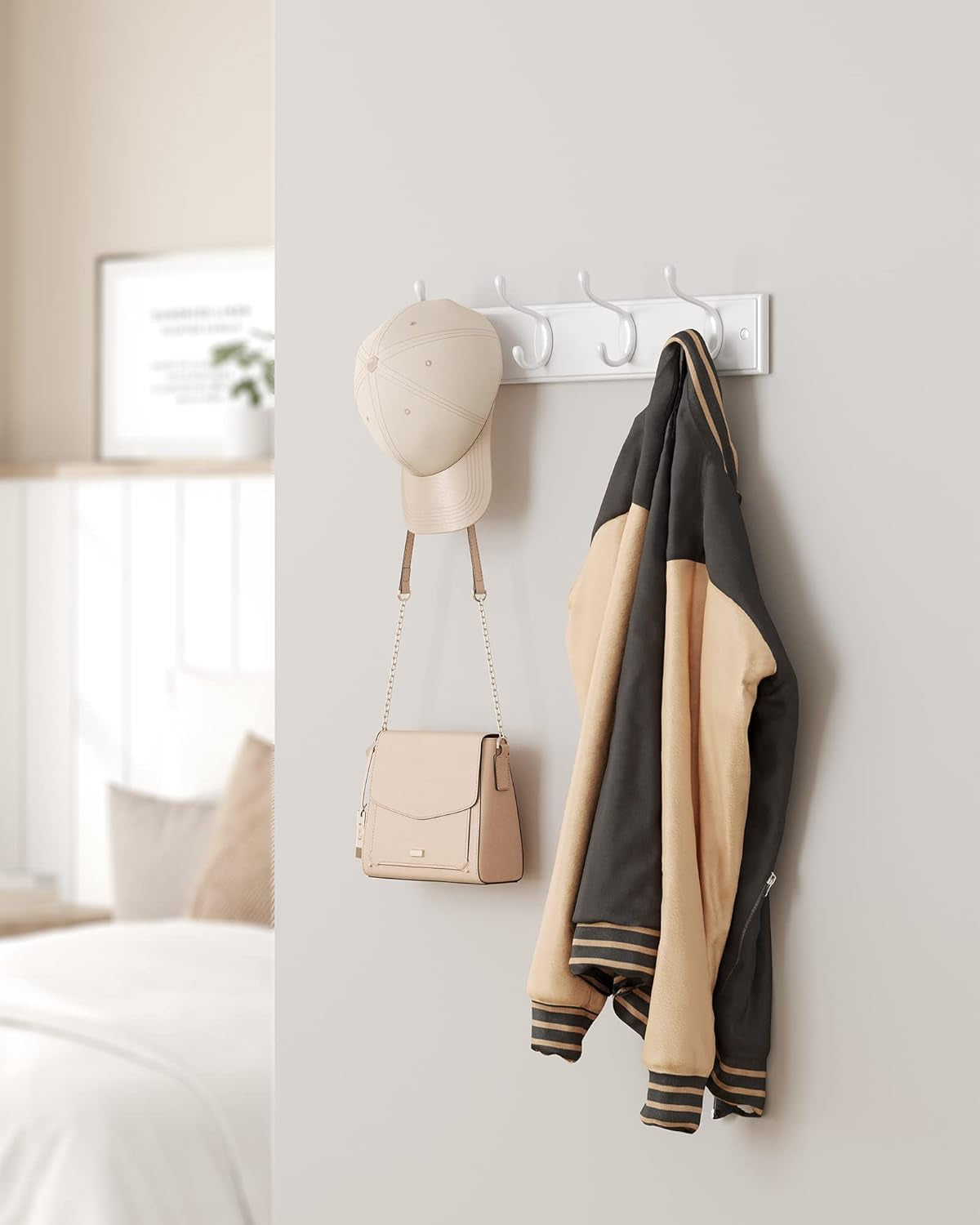 Set of 2 Wall-Mounted Coat Rack, Hook Rack, 8 Dual Metal Hooks, for Coats, Bags, Keys, in the Entryway, Bedroom, Living Room, White ULHR232W01