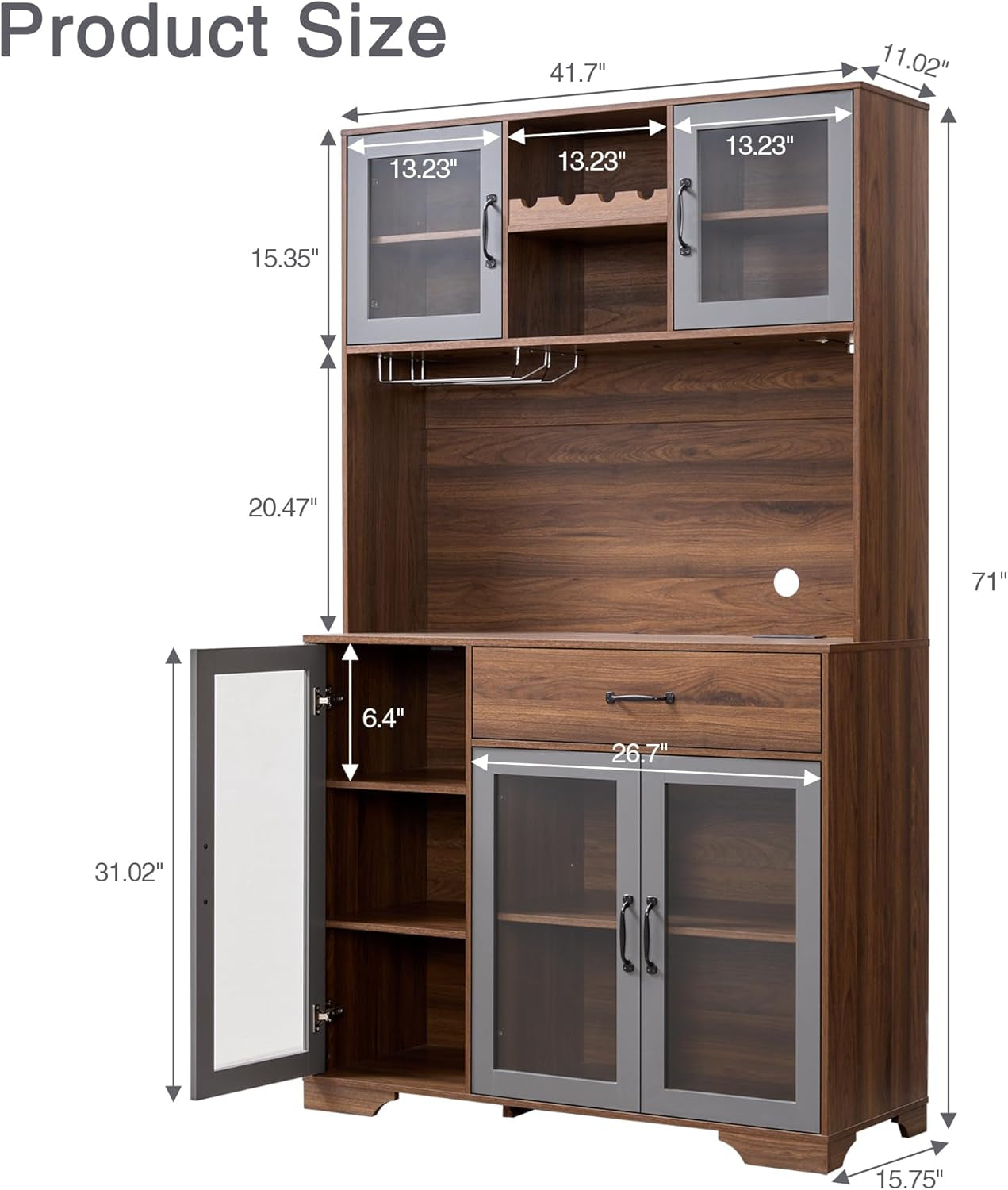 71" Tall Pantry Cabinet, Coffee Bar Storage Cabinet with Charging Station & LED Lights, Kitchen Hutch Food Pantry Cabinet with Wine Rack, Large Drawer, Adjustable Shelves & Microwave Stand, Brown | Coffee Bar, Liquor Cabinet, Power Outlet, LED Lights, Food Pantry, Microwave Stand