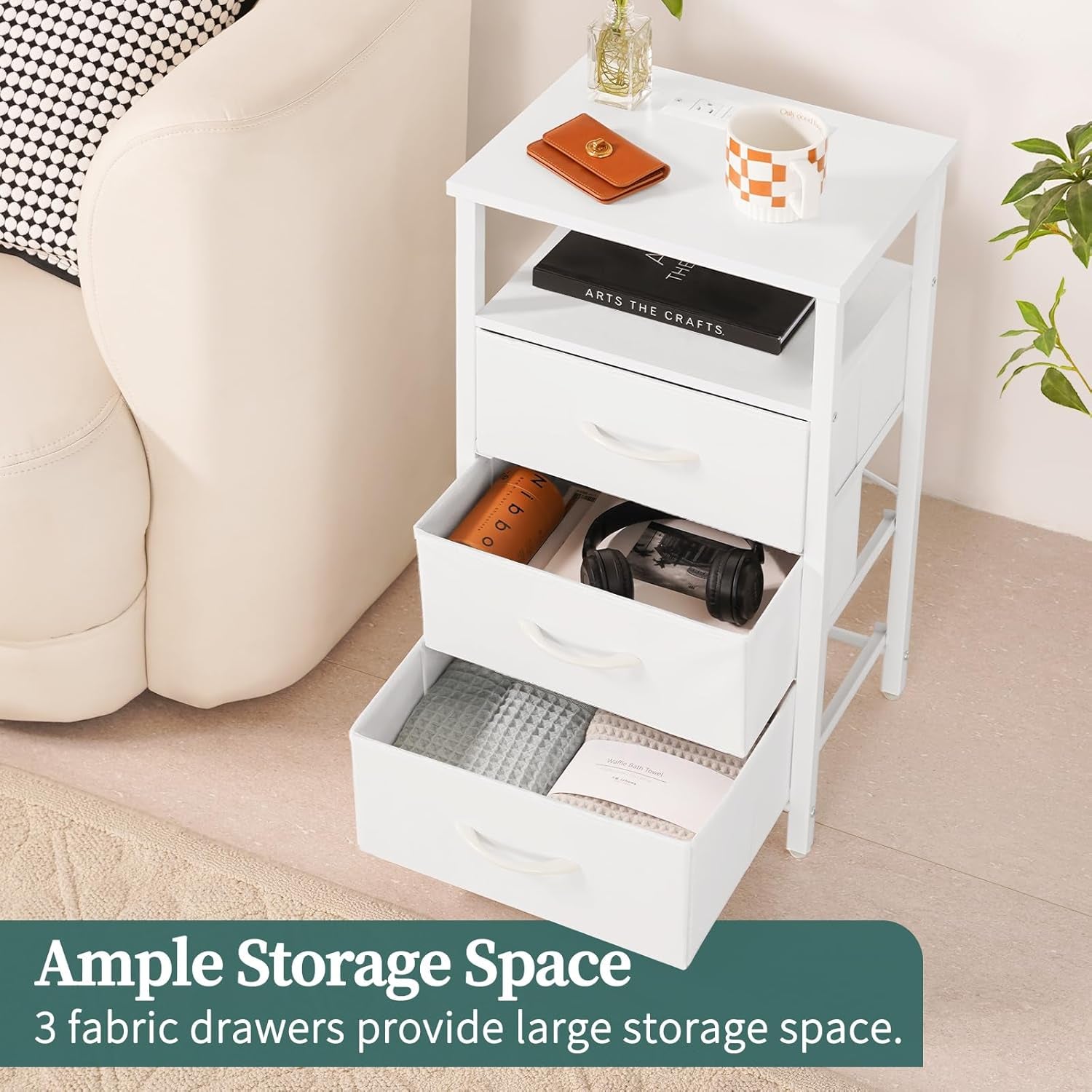Night Stand with Charging Station, 16 Colors LED Nightstand with USB Ports and Outlets, End Table with 3 Fabric Drawers and Storage Shelf, Bedside Tables Small Dresser for Small Space White
