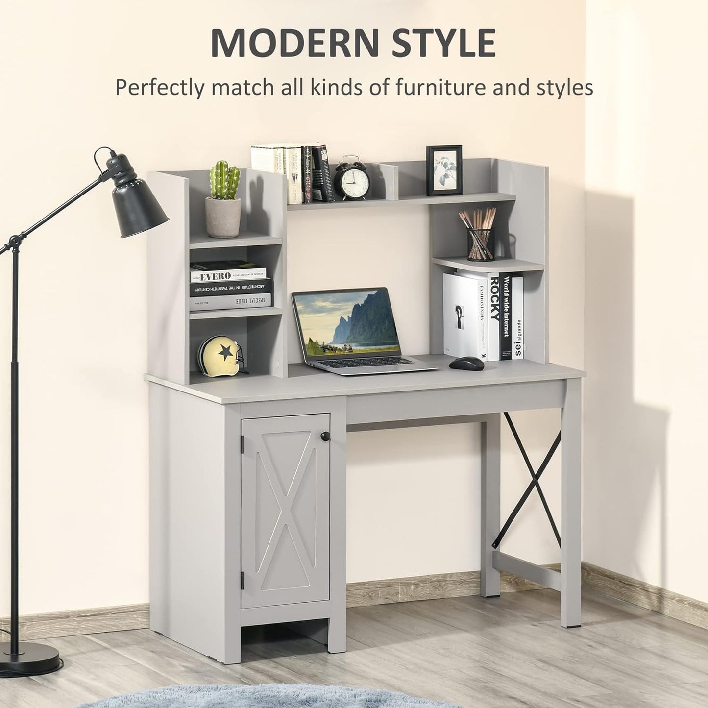 Farmhouse Computer Desk with Hutch and Cabinet, Home Office Desk with Storage, for Study, Light Grey