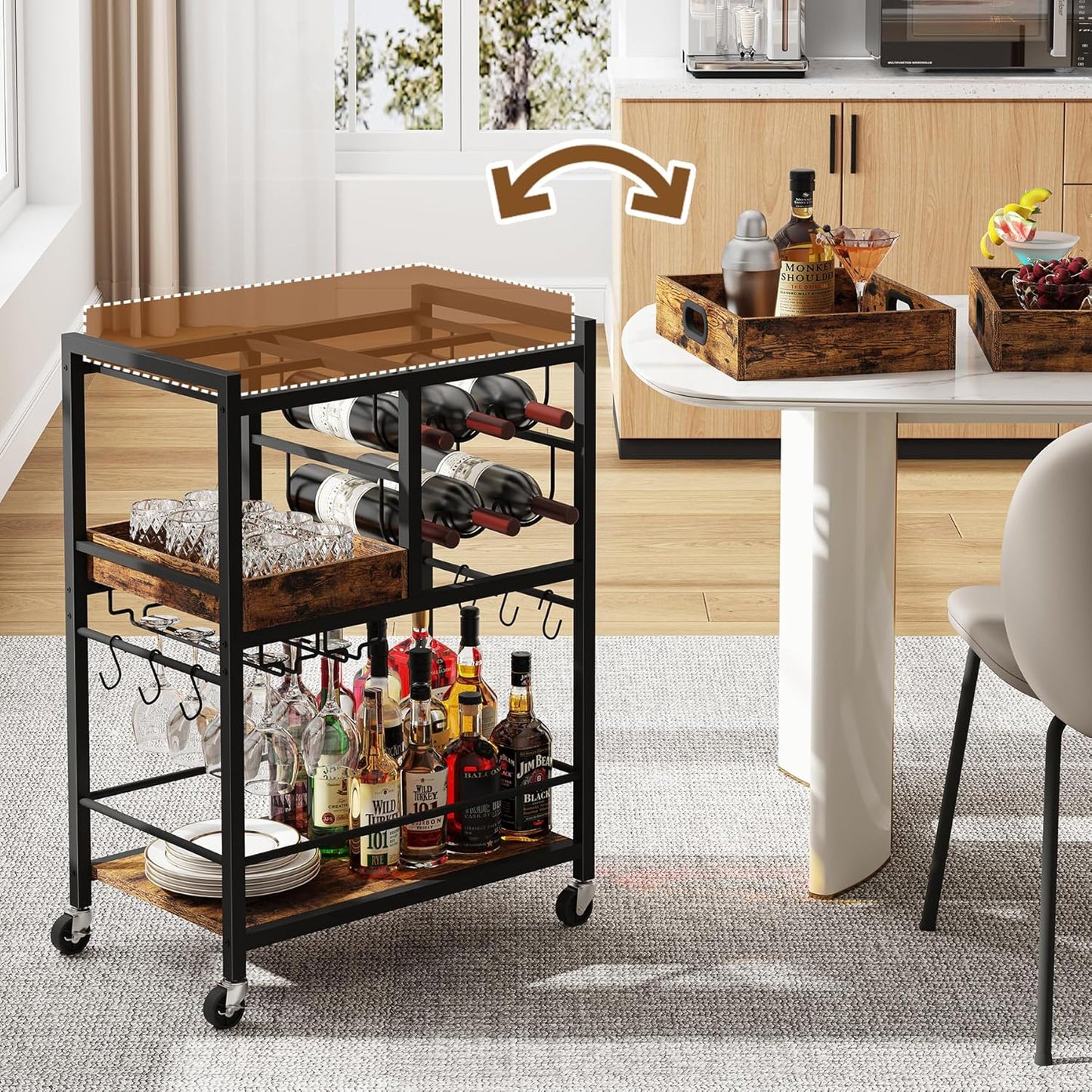 Bar Cart, Home Bar Serving Cart, 3-Tier Kitchen Cart on Wheels, Rolling Beverage Cart with Wine Rack and Glass Holder, Brown BC01BB037