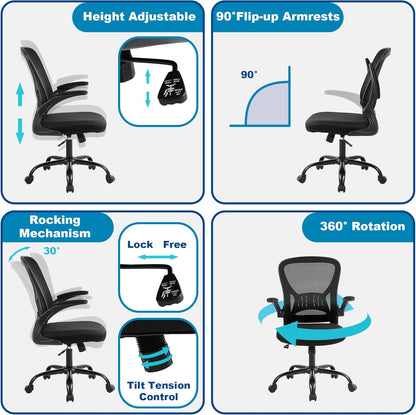 Mesh Office Chair, Ergonomic Home Office Desk Chairs with Flip-Up Arms and Lumbar Support, Height Adjustable, Black