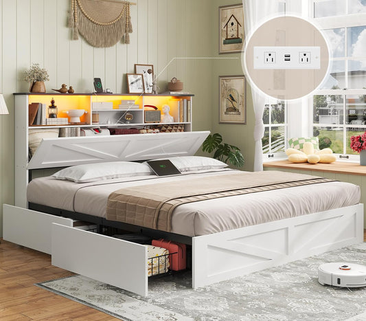 Farmhouse Queen Bed Frame with 4 Storage Drawers and Led Lights, Wooden Bed Frame Queen Size with Hidden Space Bookcase Headboard and Led Lights & Metal Slats, White