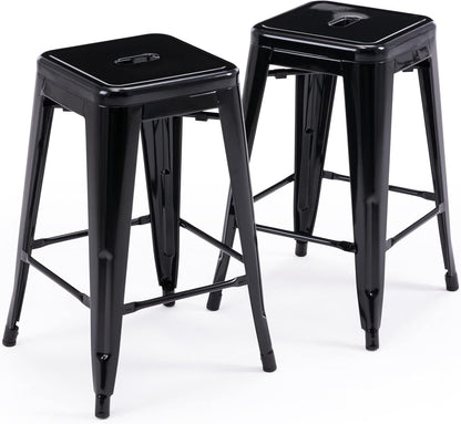 24" Bar Stools Black Backless Metal Barstools Indoor-Outdoor Counter Height Stools with Square Seat, Set of 2 - VF1571001