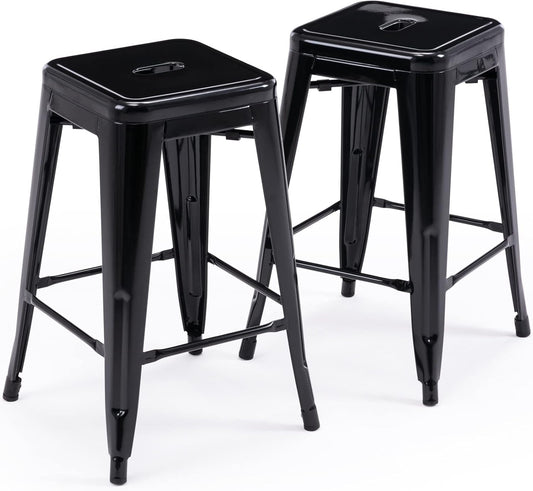 24" Bar Stools Black Backless Metal Barstools Indoor-Outdoor Counter Height Stools with Square Seat, Set of 2 - VF1571001