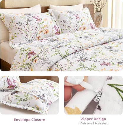 Cotton King Size Pillow Shams Set of 2 (20"X36"), Flowers Printed Pillow Covers Soft Breathable Envelope Closure Quilted Bed Pillows
