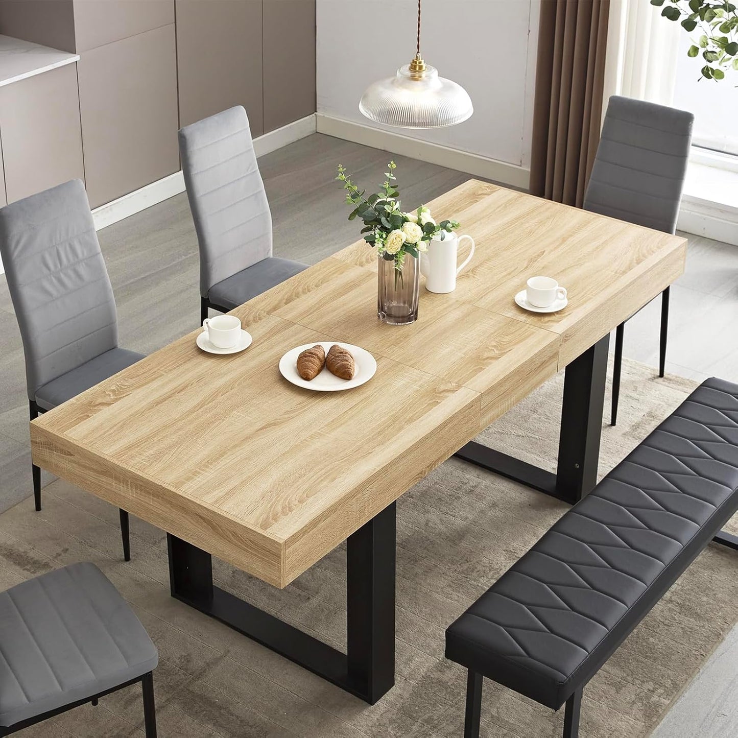 63”-79” Extendable Dining Room Table, Modern Farmhouse Wooden Kitchen Table, Long Expandable Dining Table for 6 8 10, Large Expanding Table Conference Tables (Rustic Oak)