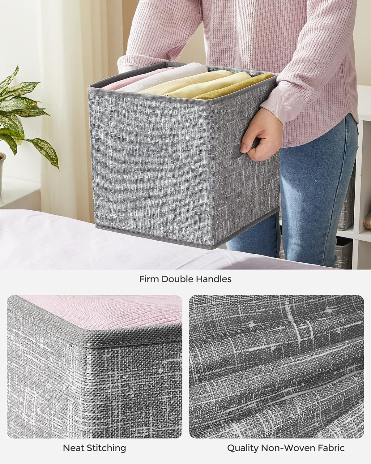 Storage Cubes, 11-Inch Non-Woven Fabric Bins with Double Handles, Set of 6, Closet Organizers for Shelves, Foldable, for Clothes, Cattail Gray UROB26LG